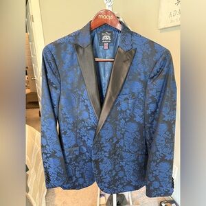 Elegant Black and Blue Floral Tuxedo Jacket